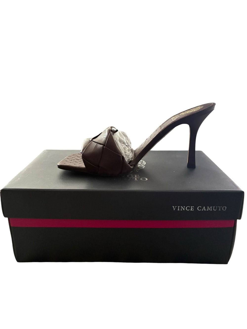 NWT Vince Camuto Brown Leather Slide Heels Size 8 Square Toe Designer Sandals - Picture 7 of 13